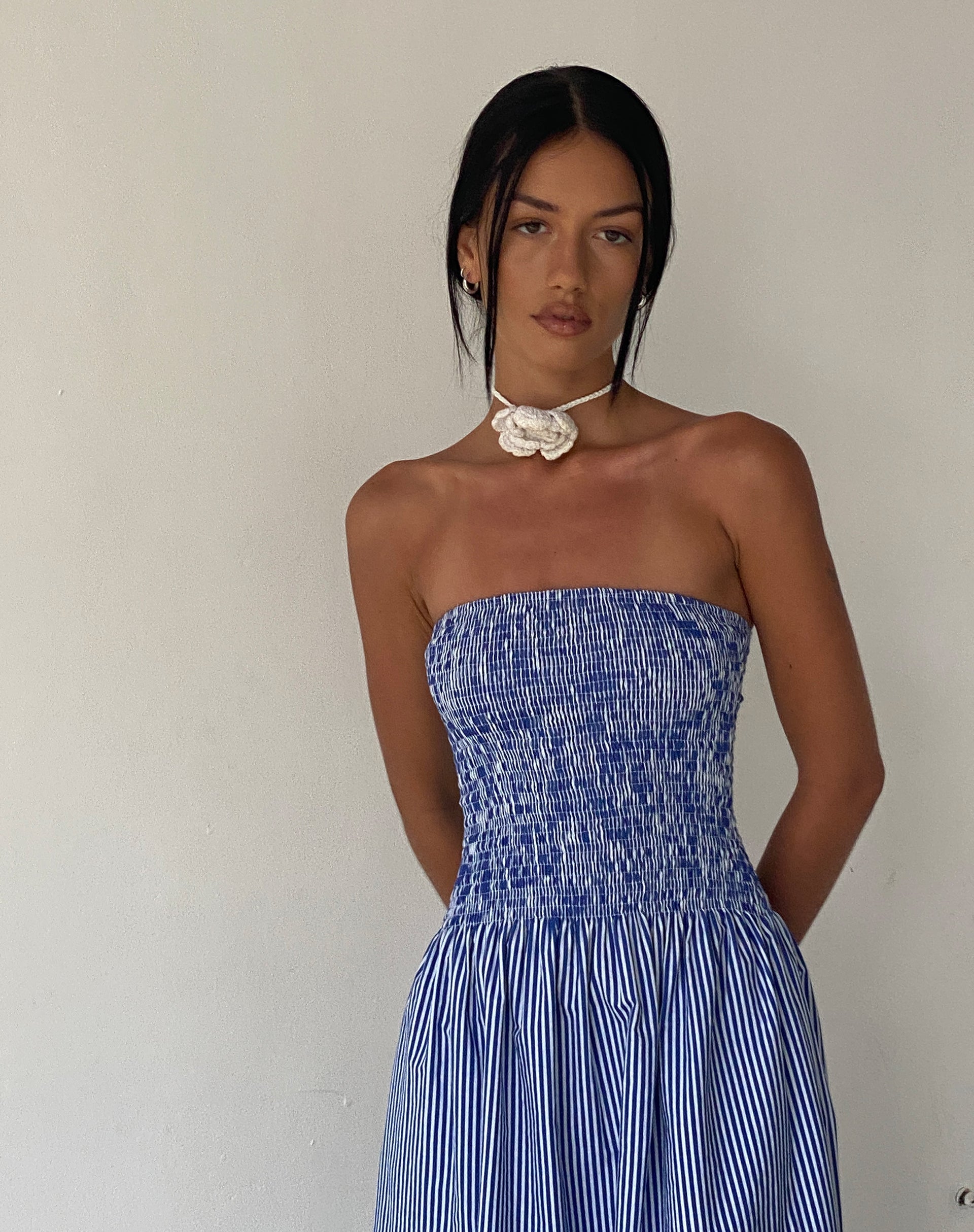 image of MOTEL X JACQUIE Beleame Bandeau Midaxi Dress in popeline blu a righe