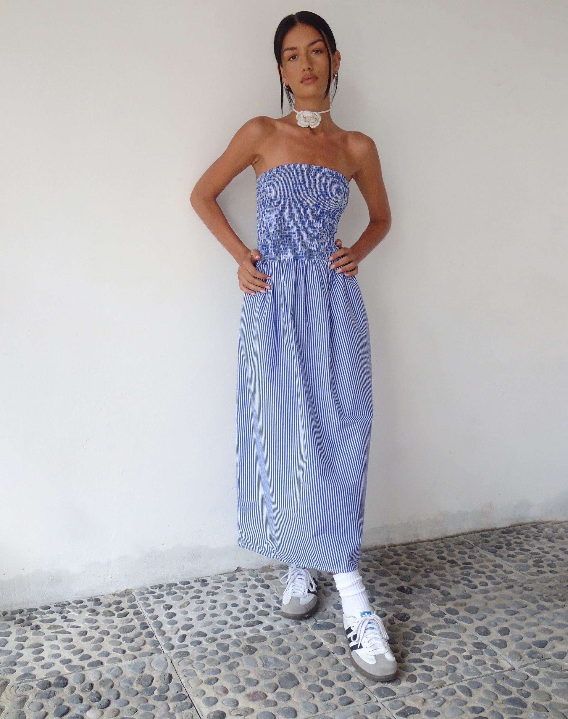 image of MOTEL X JACQUIE Beleame Bandeau Midaxi Dress in popeline blu a righe