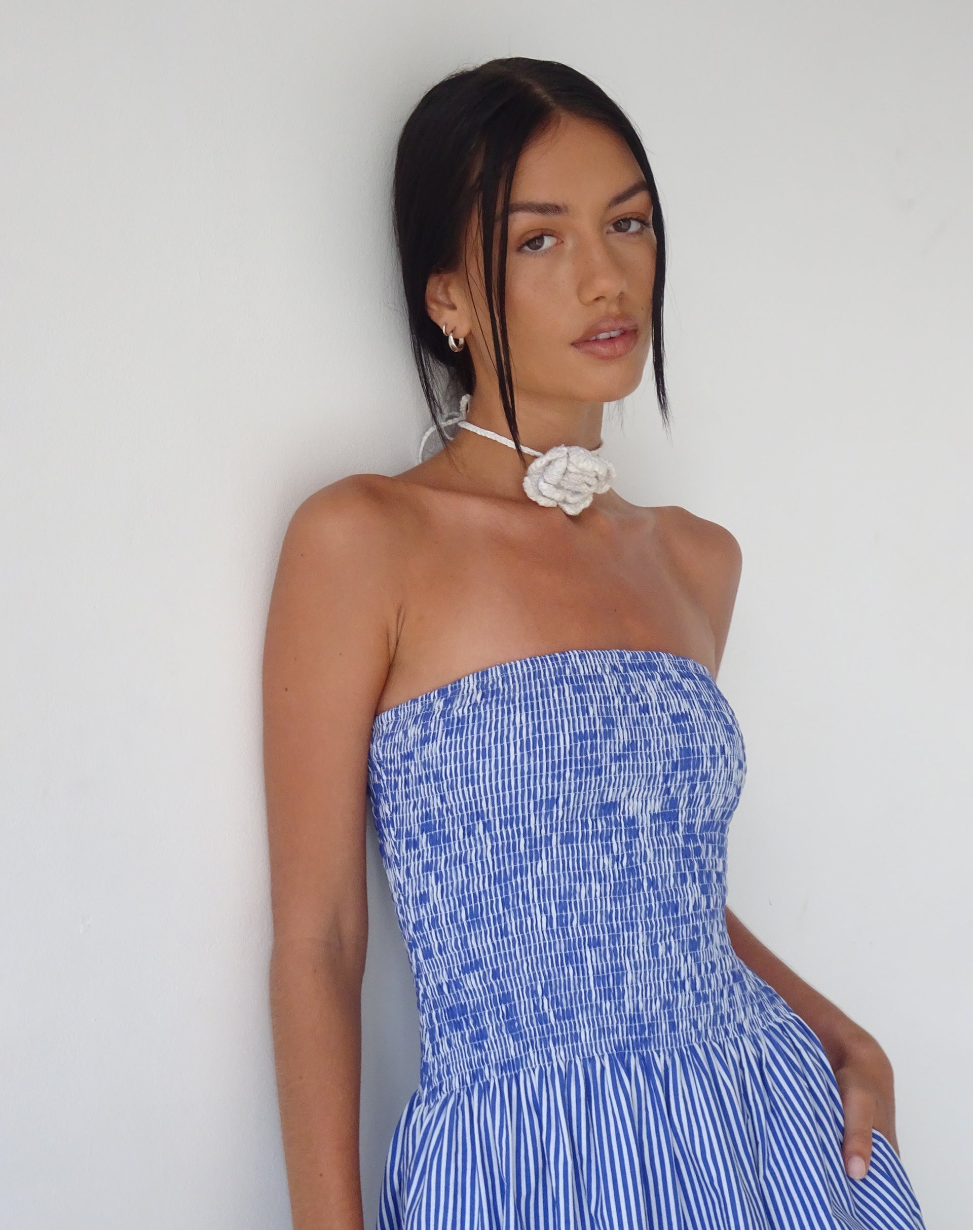 image of MOTEL X JACQUIE Beleame Bandeau Midaxi Dress in popeline blu a righe