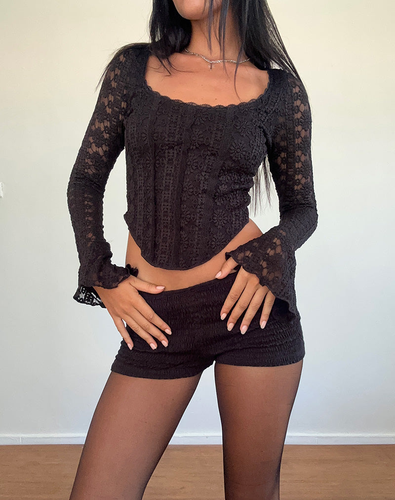 Top Belle a maniche lunghe in pizzo regale nero