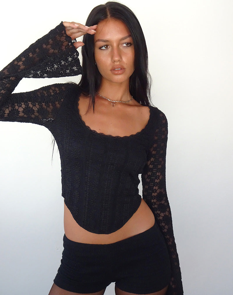 Top Belle a maniche lunghe in pizzo regale nero