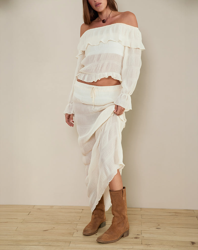 Immagine di Kalena Top Bardot a maniche lunghe in chiffon Plisse Avorio