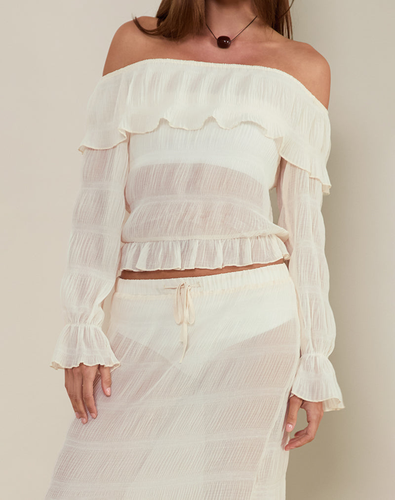 Kalena - Top Bardot a maniche lunghe in chiffon plisse avorio