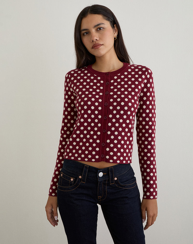 Cardigan Bhavina in borgogna con stampa a pois crema