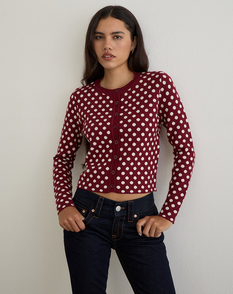Immagine di Bhavina Cardigan in borgogna con stampa a pois crema