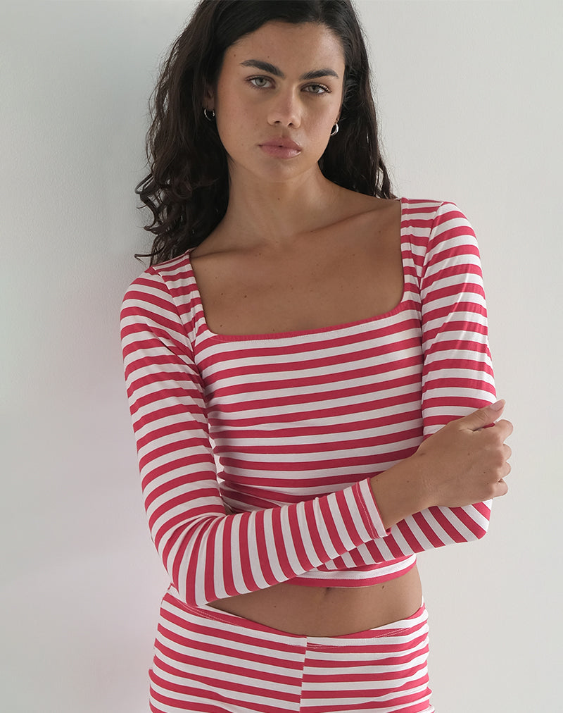 Top Biga a maniche lunghe a righe bianche e rosse