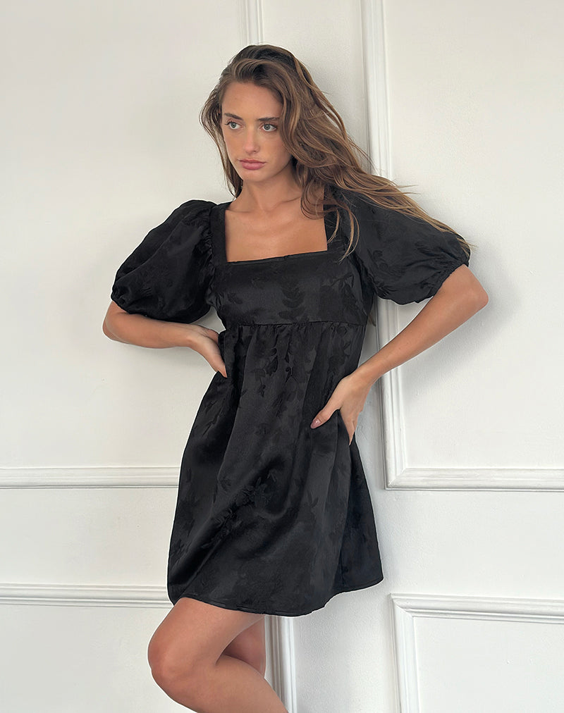 Bimbi Babydoll Mini Dress in Satin Jacquard Nero