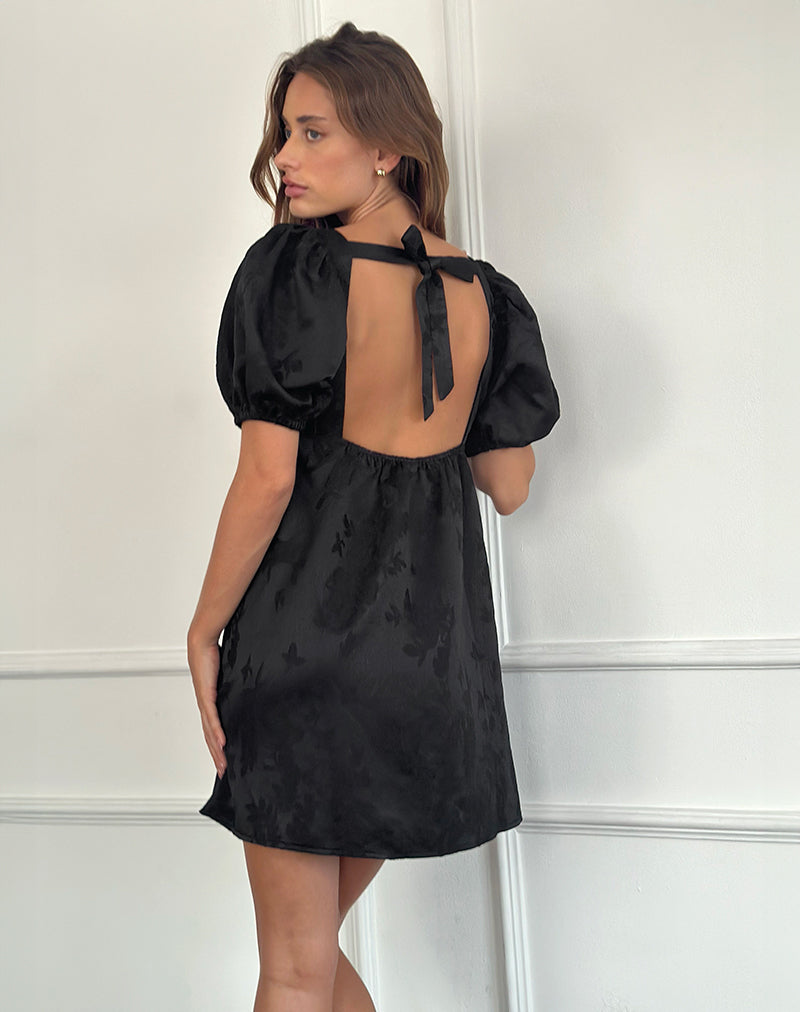 Bimbi Babydoll Mini Dress in Satin Jacquard Nero