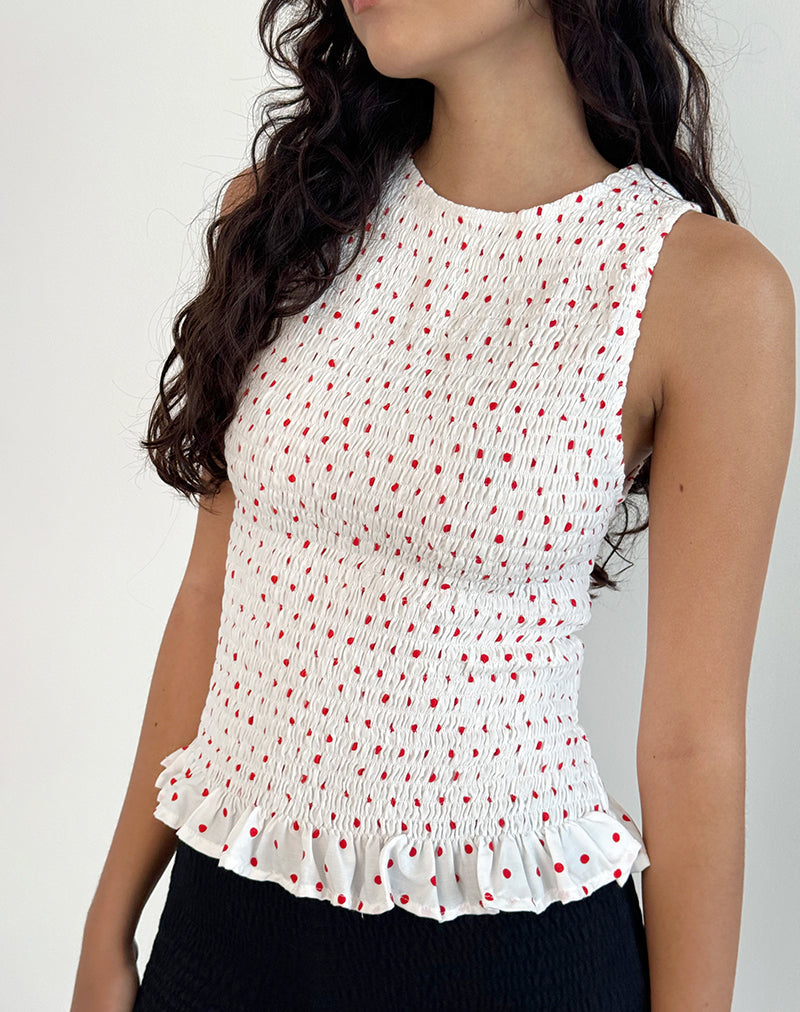 Canotta Birita Shirred in Polkadot bianco e rosso
