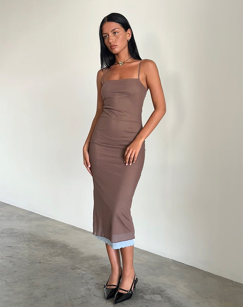 Immagine di Bisilk Midi Dress in mesh marrone e azzurro