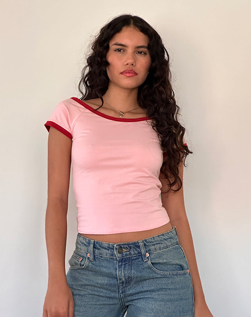 Top Bitha in rosa balletto con bordatura rosso adrenalina