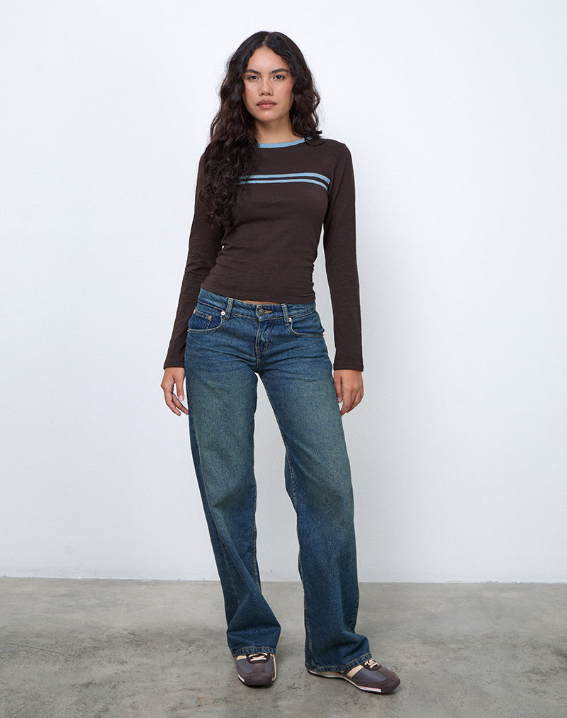 Immagine di Bonjita Top in marrone cioccolato con rilegatura a due strisce blu cenere