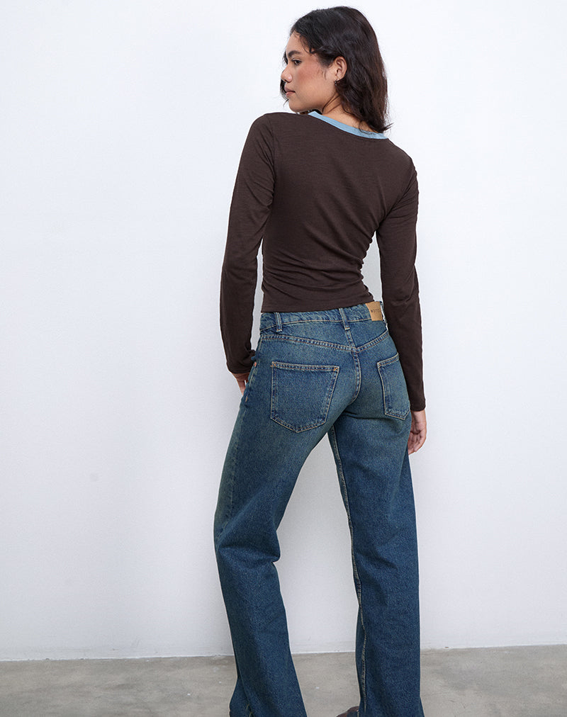 Immagine di Bonjita Top in marrone cioccolato con rilegatura a due strisce blu cenere