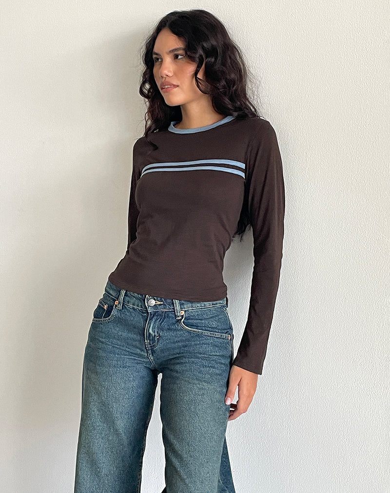 Immagine di Bonjita Top in marrone cioccolato con rilegatura a due strisce blu cenere