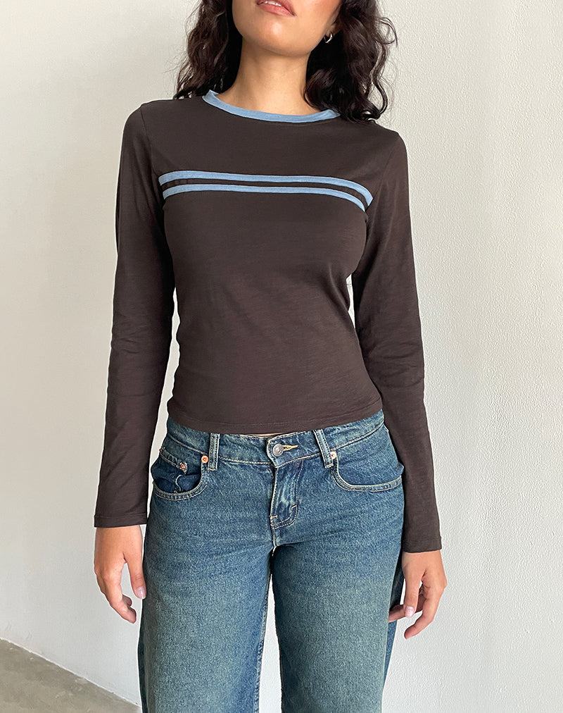 Immagine di Bonjita Top in marrone cioccolato con rilegatura a due strisce blu cenere
