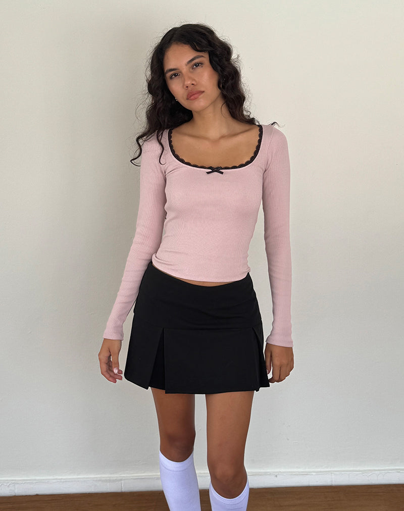 Top a maniche lunghe a coste Bovita in rosa lady con pizzo nero