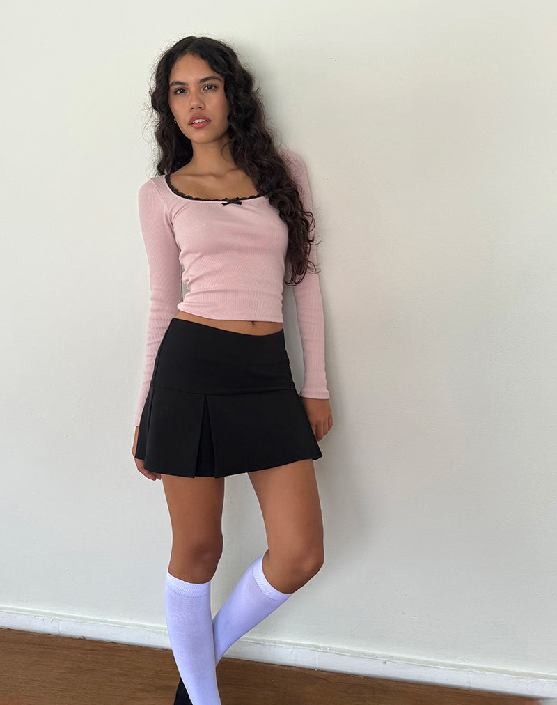 Immagine di Bovita Top a maniche lunghe a coste in rosa con pizzo nero
