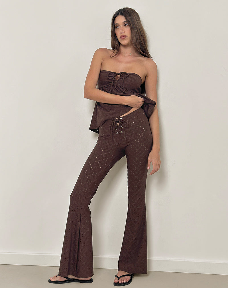 Pantaloni svasati Dan Tie Front in Broderie Marrone