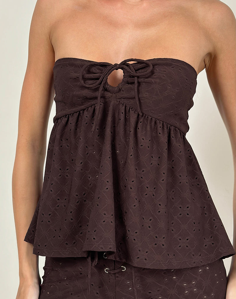 Top a fascia Boyd in broderie stretch marrone