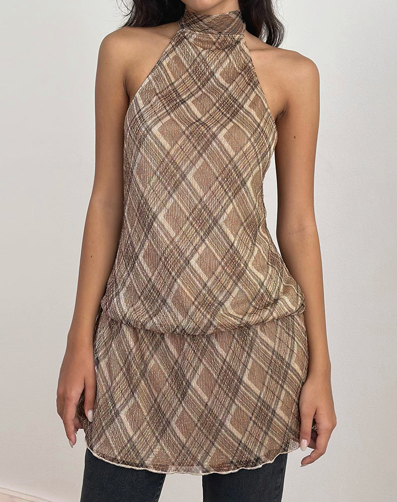 Immagine del vestito Briani con scollo a mezzaluna in check plisse marrone