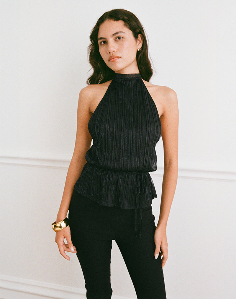 Immagine di Brienne Top in Chiffon Plisse Nero con Fodera