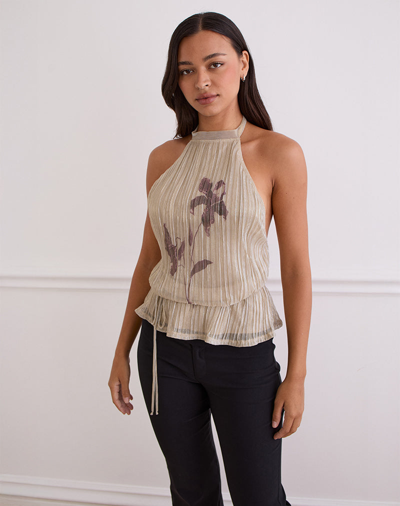 Top Brienne in oro chiaro lucido con stampa floreale sottile