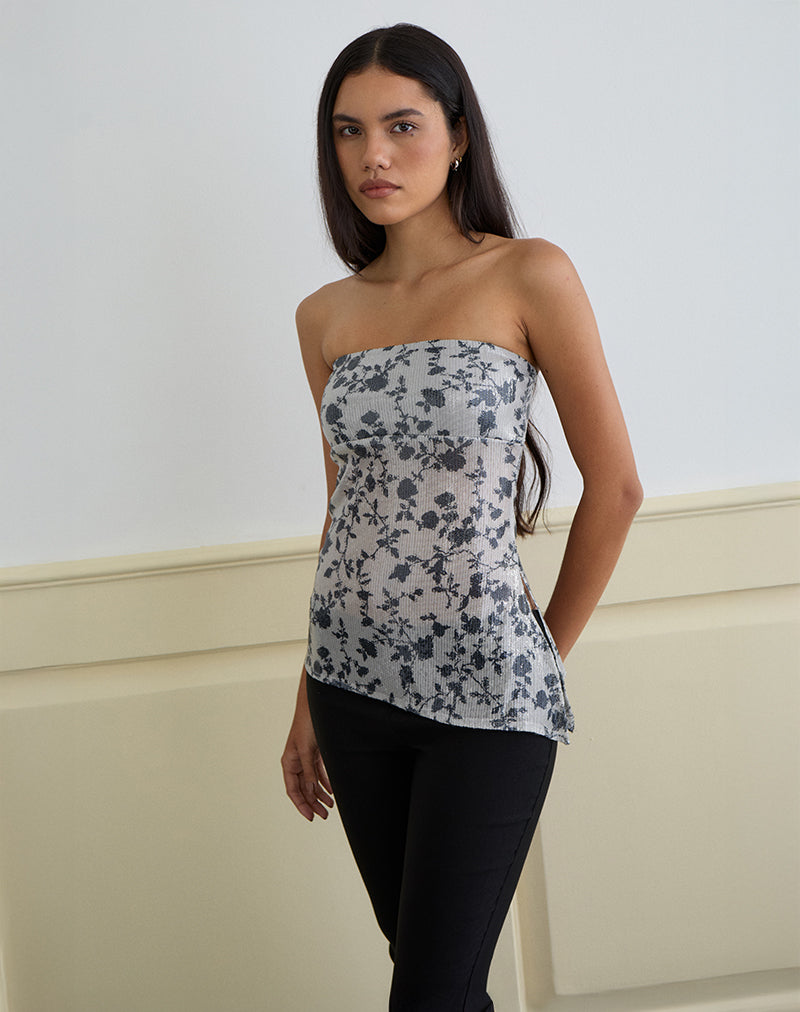 Brilia - Top a fascia con fiori di paillettes - grigio