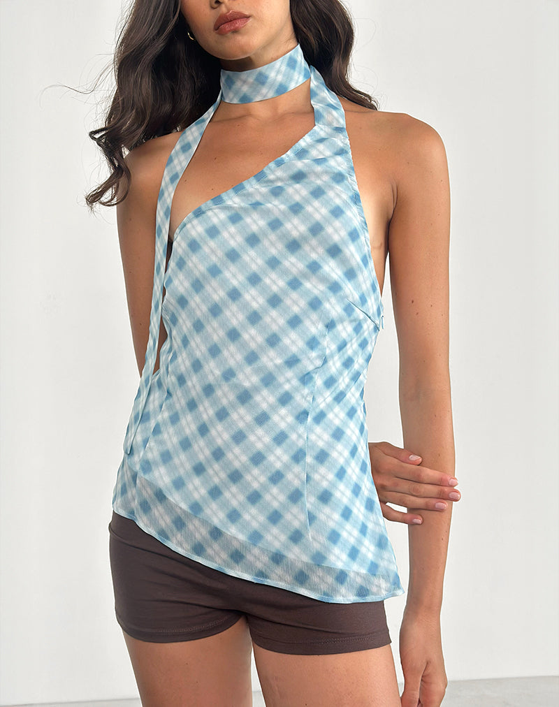 Top Briva con collo a cravatta in blurred check blu