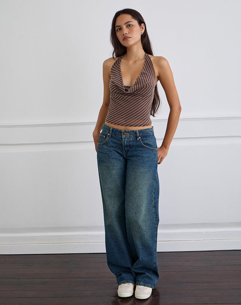 Top con cappuccio Bujou a righe diagonali floccate marrone e crema