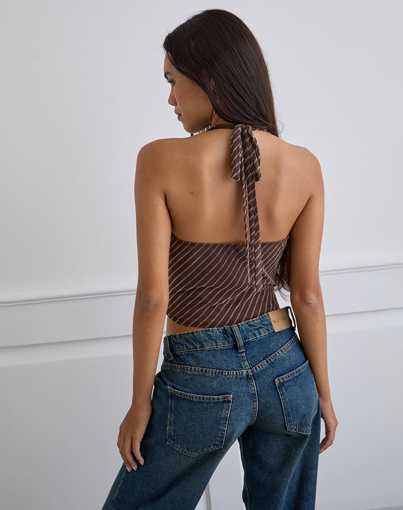 Immagine di Bujou Cowl Top a righe diagonali floccate marrone e crema
