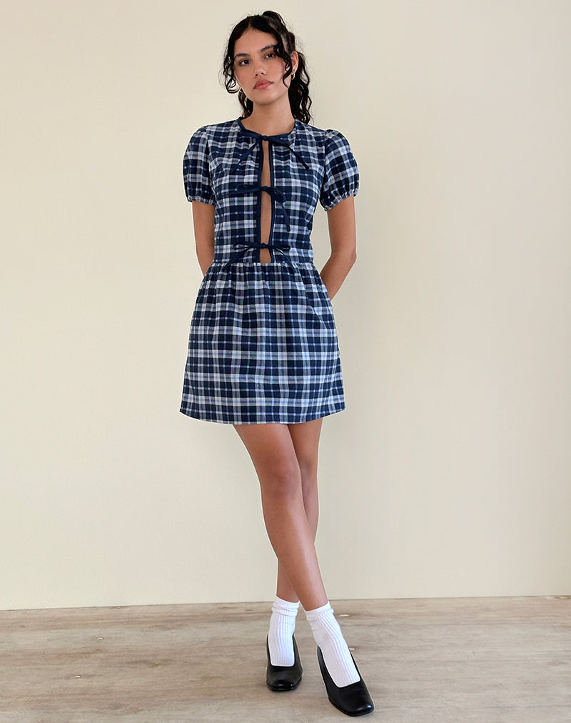 Abito Byan tie front in tartan blu scuro
