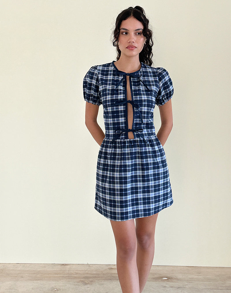 Abito Byan tie front in tartan blu scuro