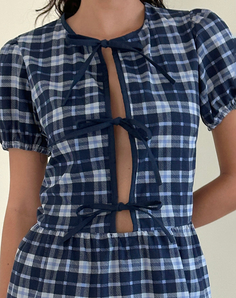 Immagine di Byan Tie Front Dress in Tartan Blu Scuro