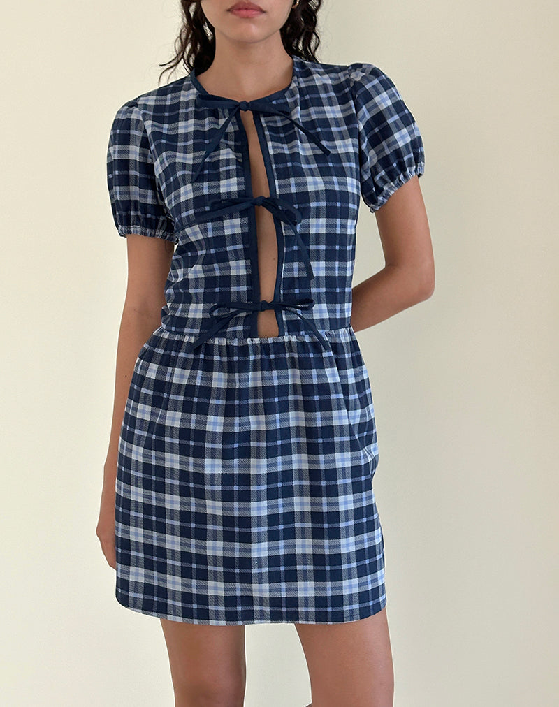 Immagine di Byan Tie Front Dress in Tartan Blu Scuro