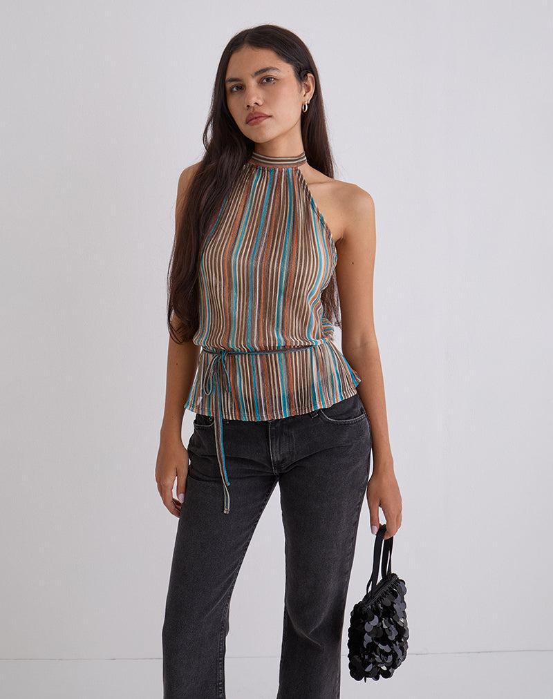 Top Brienne in Plisse trasparente blu e marrone scintillante