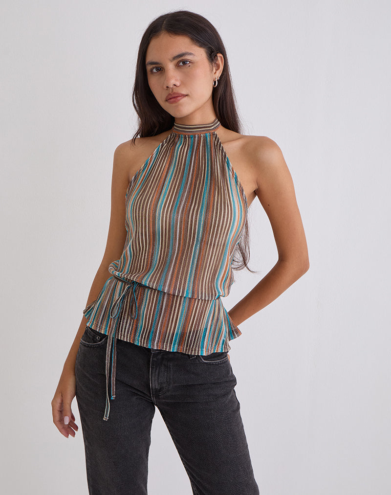 Top Brienne in Plisse trasparente blu e marrone scintillante