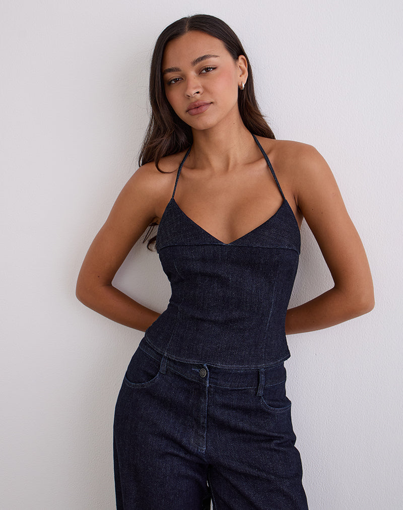 Caira - Top con cappuccio in Chambray - Indaco