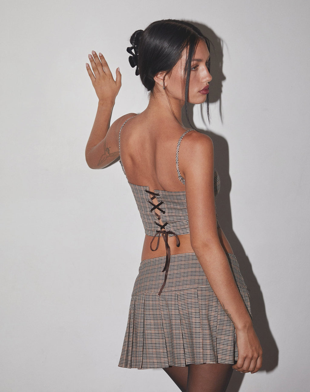 Calida - Top con corsetto in micro check marrone