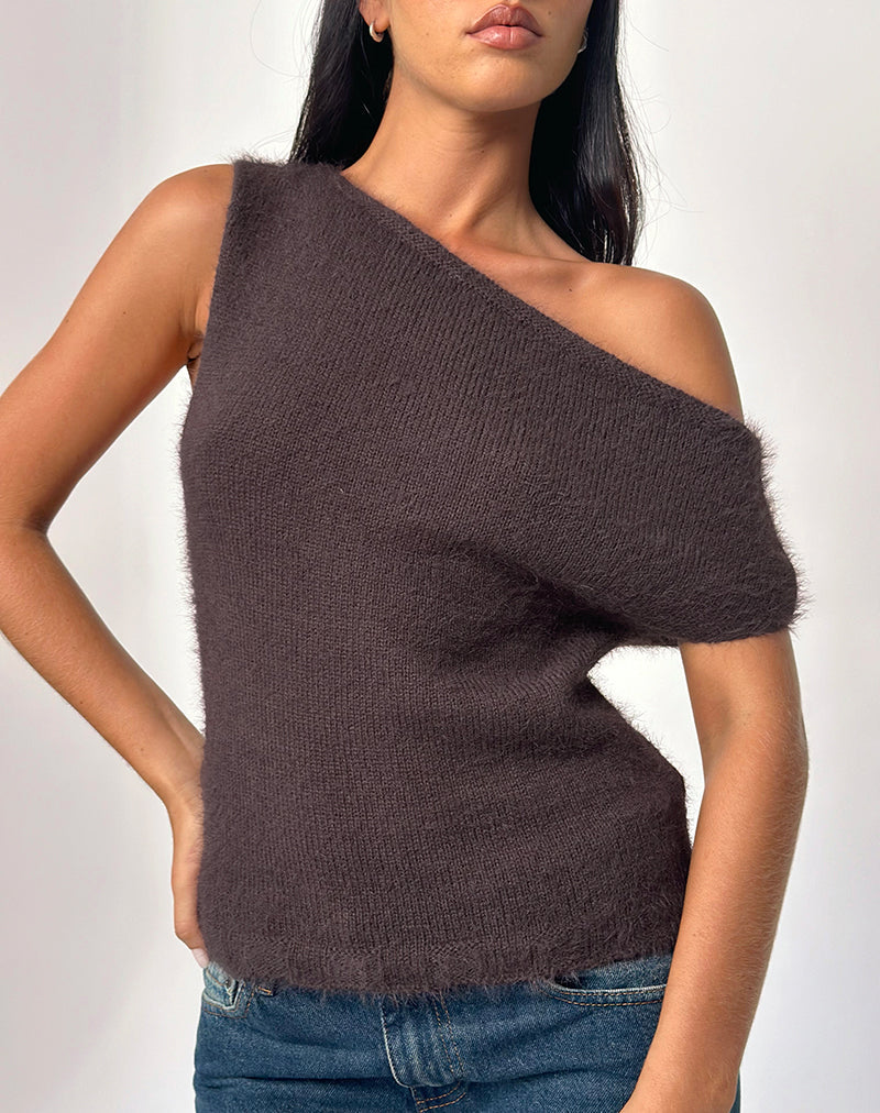Calyce - Top off shoulder in maglia vaporosa marrone scuro