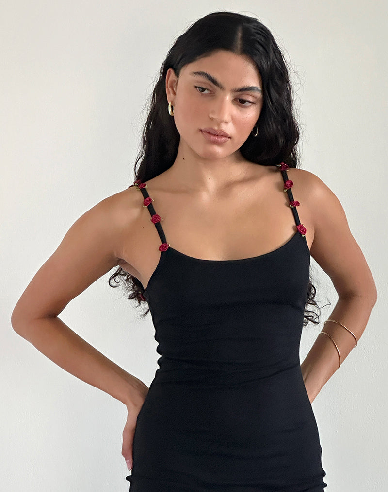 immagine di Cantana Maxi Dress in nero con rosone rosso
