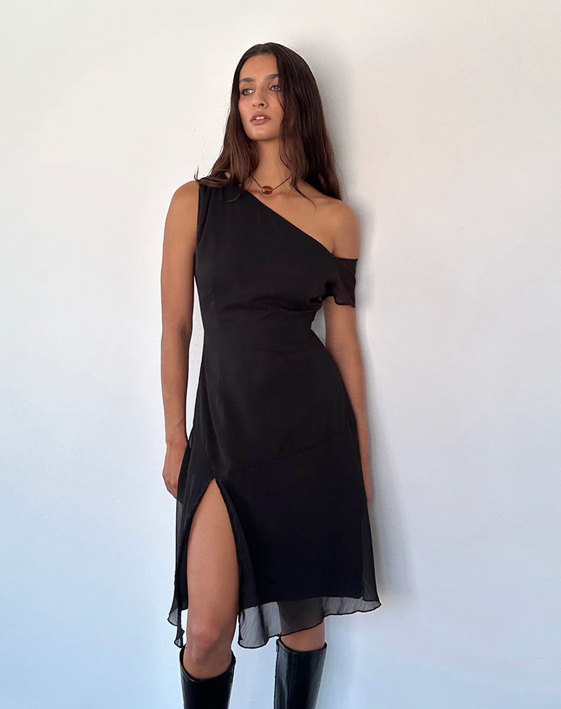 Immagine di Carissa One Shoulder Chiffon Midi Dress in nero