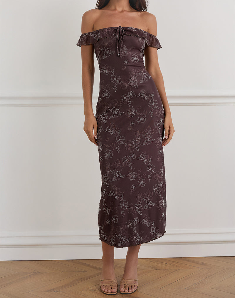 Vestito Catrin Midi in Doodle Flower Flock Marrone