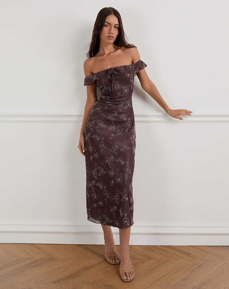Immagine di Catrin Midi Dress in Doodle Flower Flock Marrone