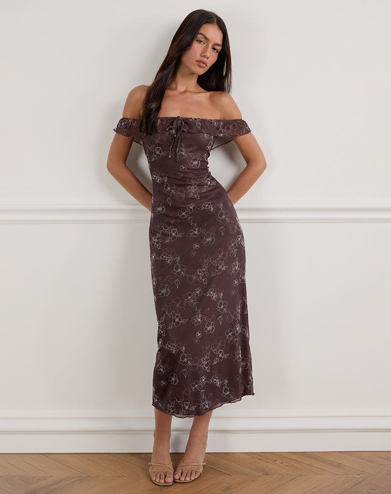 Vestito Catrin Midi in Doodle Flower Flock Marrone