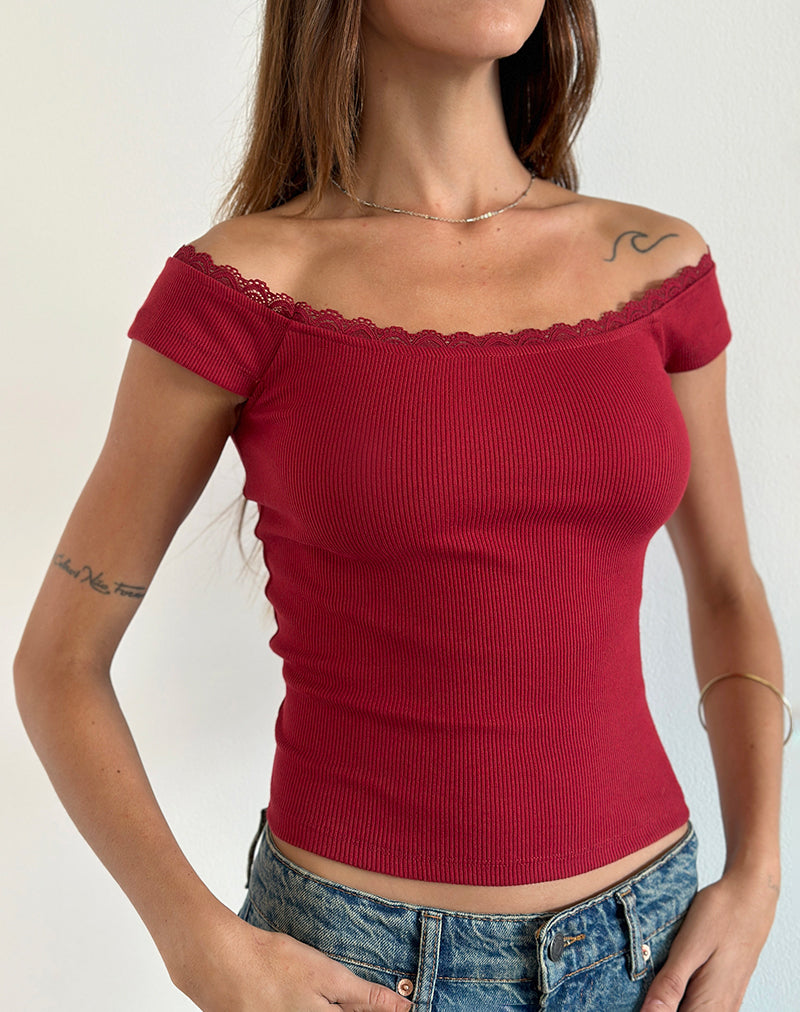Top a coste Chacha in rosso Adrenalina con bordo in pizzo