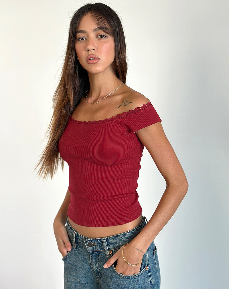 Top a coste Chacha in rosso Adrenalina con bordo in pizzo