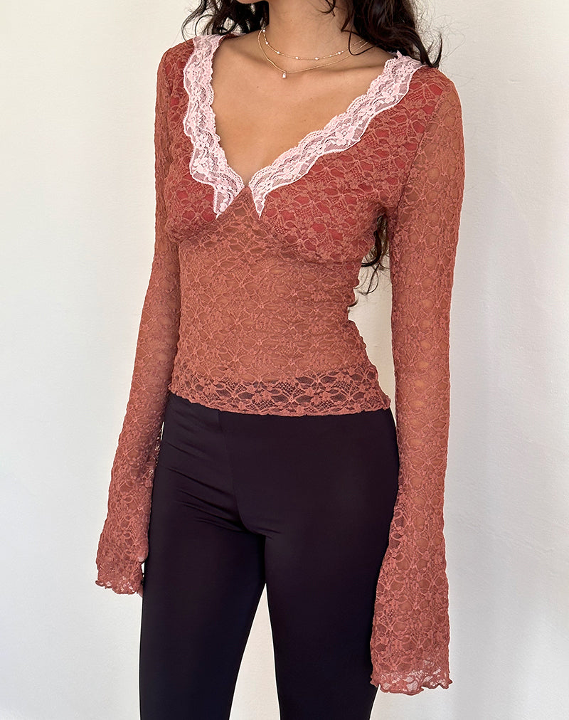 Top in pizzo a maniche lunghe Chantal in rosa appassito