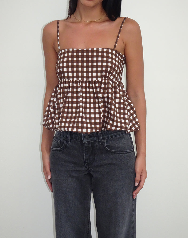 Immagine di Charlita Frill Cami Top in Gingham Tonale Marrone