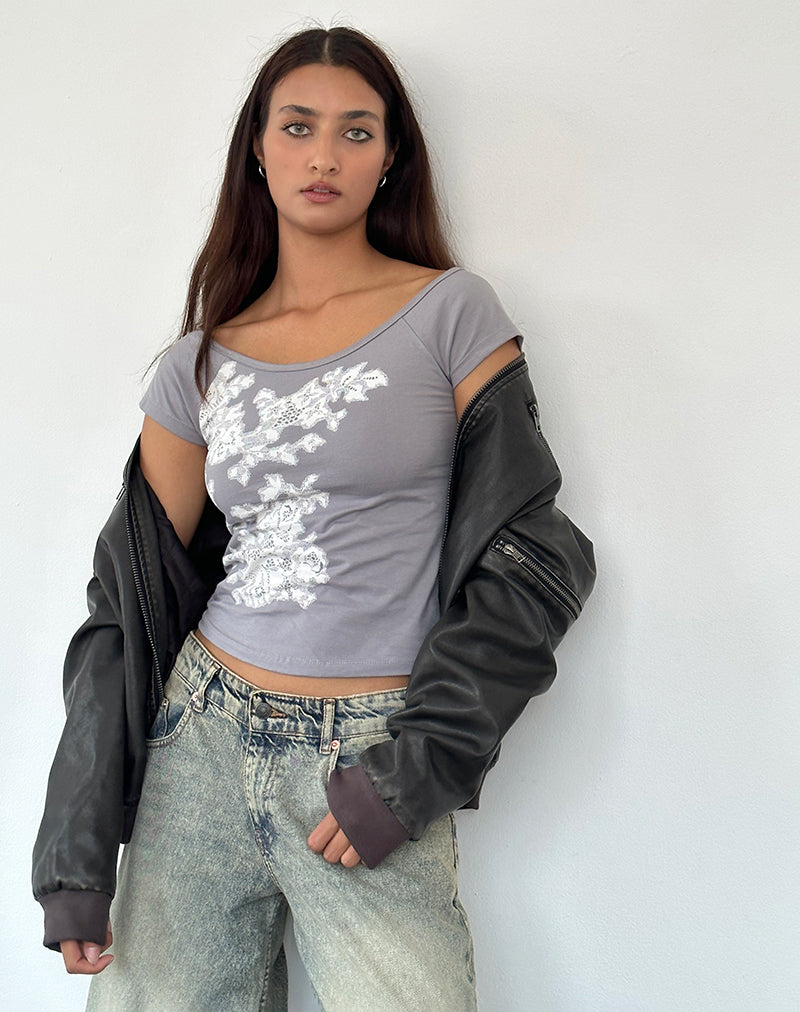 Charya - Top off the shoulder in pizzo floreale grigio