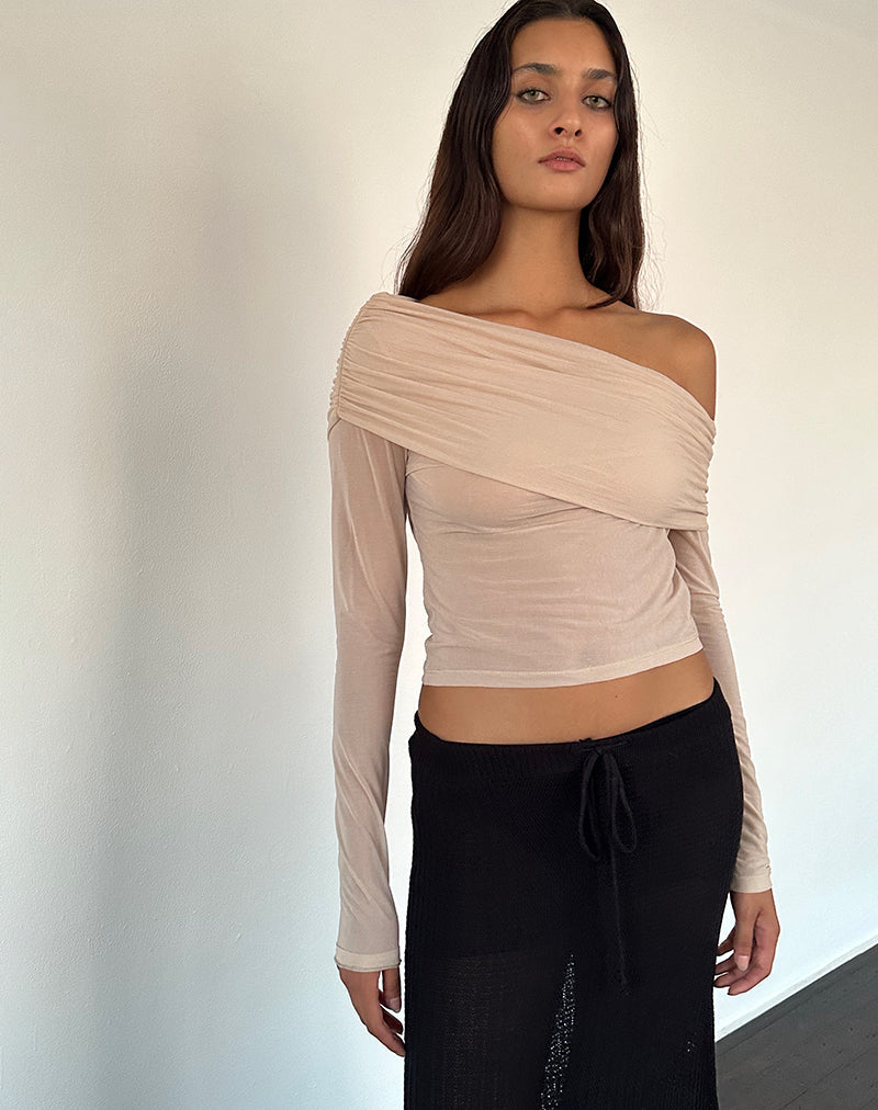 Chidi - Top Bardot a rete trasparente in cammello